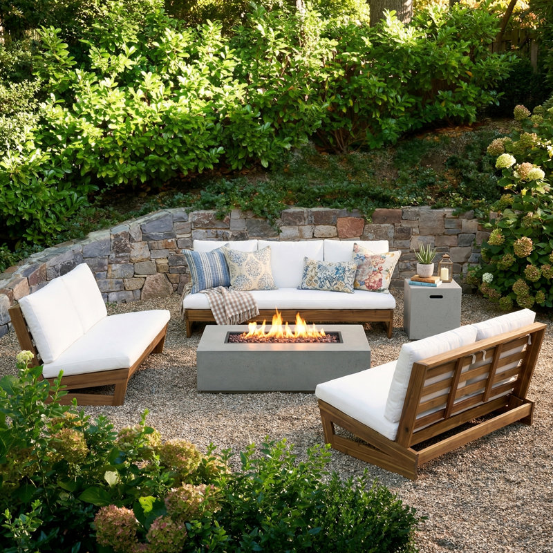 Ensemble de conversation d'extérieur en bois d'acacia Shelton Modern Coastal, Blanc, Teck