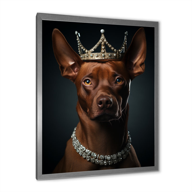 «Crowned Royal Pitcher Dog King» - art mural chien, Cadre simple argenté, H 32 po x l 16 po x P 1 po