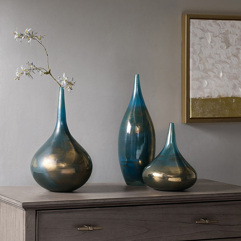 Ensemble de 3 vases en verre bleu Aurora avec finition brillante sarcelle et bronze métallique