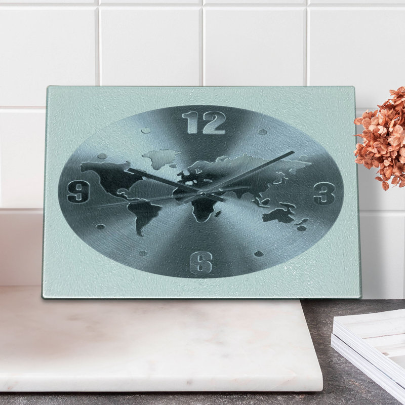 Ambesonne Grey Tempered Glass Cutting Board World Map Clock Pattern Blue Grey