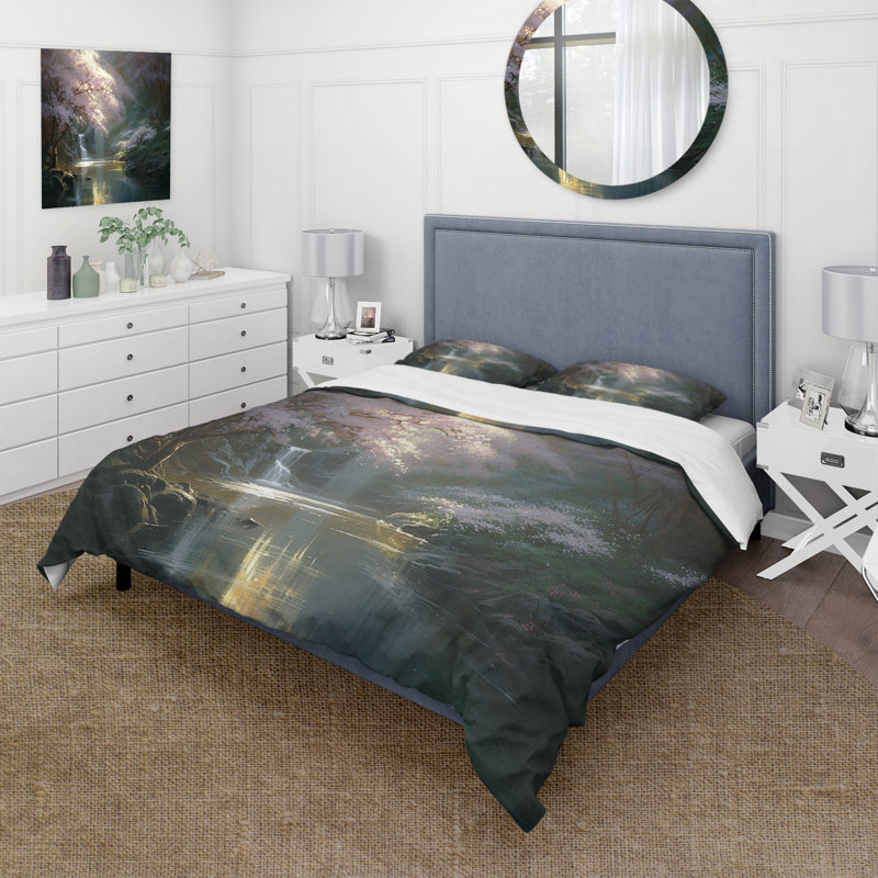 Ensemble de housse de couette Cherry Blossom Stream II Bed, Housse de couette pour grand lit et 2 taies décor