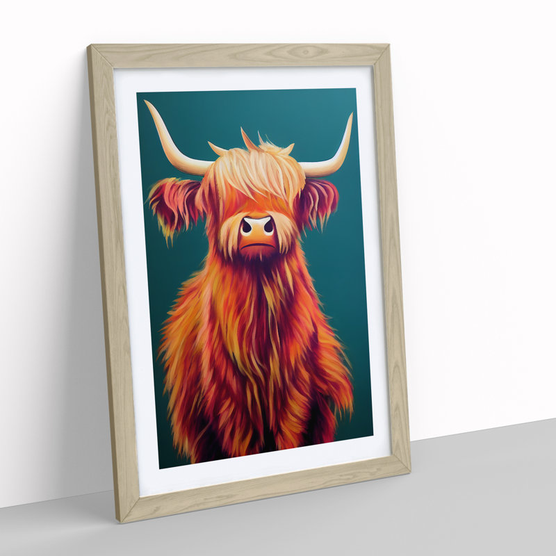 Highland Cow Art No.4 - Single Picture Frame Print, 34cm H x 25cm W x 2cm D, Oak