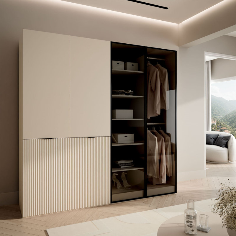 4 Door Glass Wardrobe, Beige/Matte Black