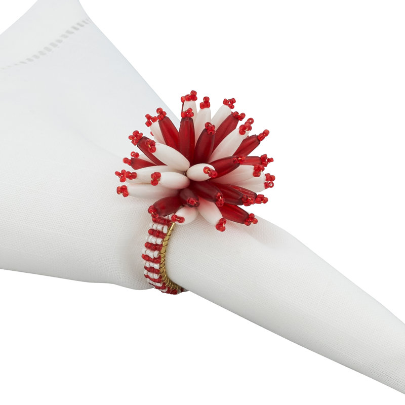 Elegant Red and White Beaded Napkin Rings Set of 4