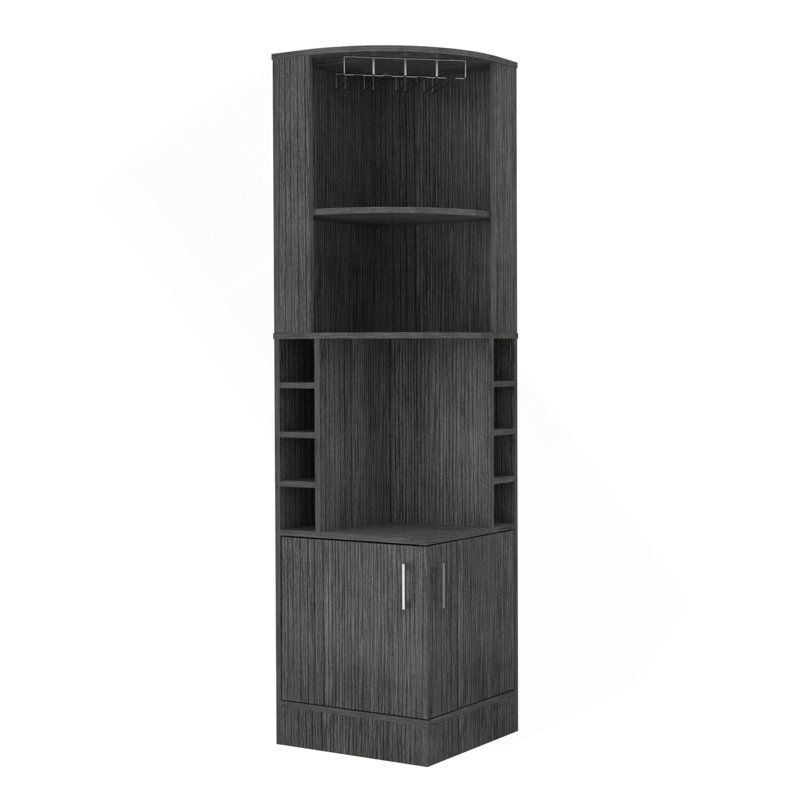Syrah Corner Bar Cabinet, Eight Bottle Cubbies, Double Door, Two Open Shelves -Smokey Oak, Gray
