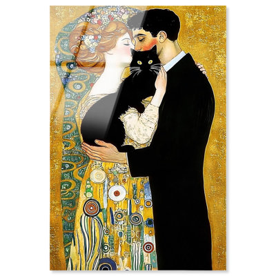 «Kiss with Cat», reproduction d'art moderne sur toile par Art Remedy, prête à être accrochée