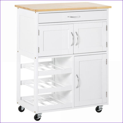 Kitchen Island on Wheels with Storage &amp; Wine Rack | Rubberwood Butcher Block Top, Ivory