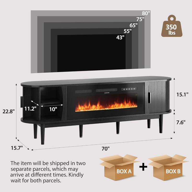 70" Fluted Fireplace TV Stand For Up To 80" Tvs, Modern Media Console With Adjustable Flame Colors/Temp, Remote & Touch Control, Storage Entertainment Center For Living Room (Black)