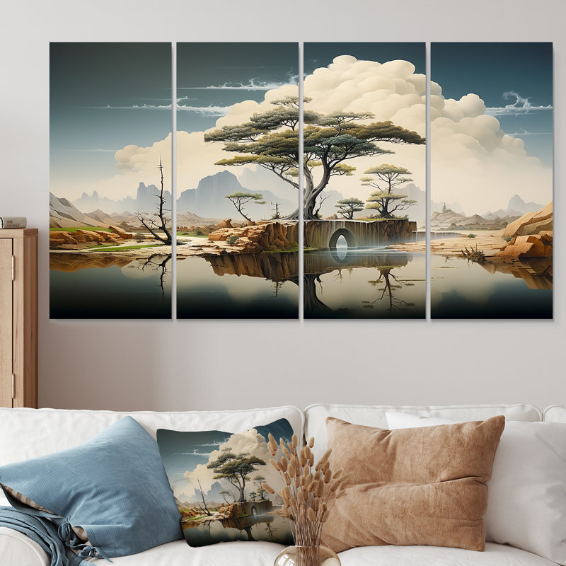 Surrealism Desert Landscape I - Surrealism Landscape 4 Piece Wall Art For Living Room, 32" H x 64" W