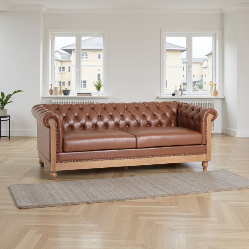 Anduin 78.75'' Rolled Arm Chesterfield Sofa, Upholstered Sofa, Light Brown, Brown Faux Leather