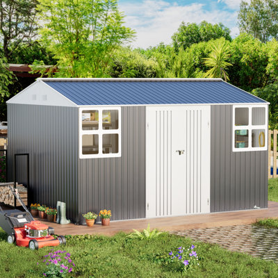 10X12 FT Metal Outdoor Storage Shed With Base Frame, Unique Skylight Windows Air Vent For Patio Yard，Dark Gray