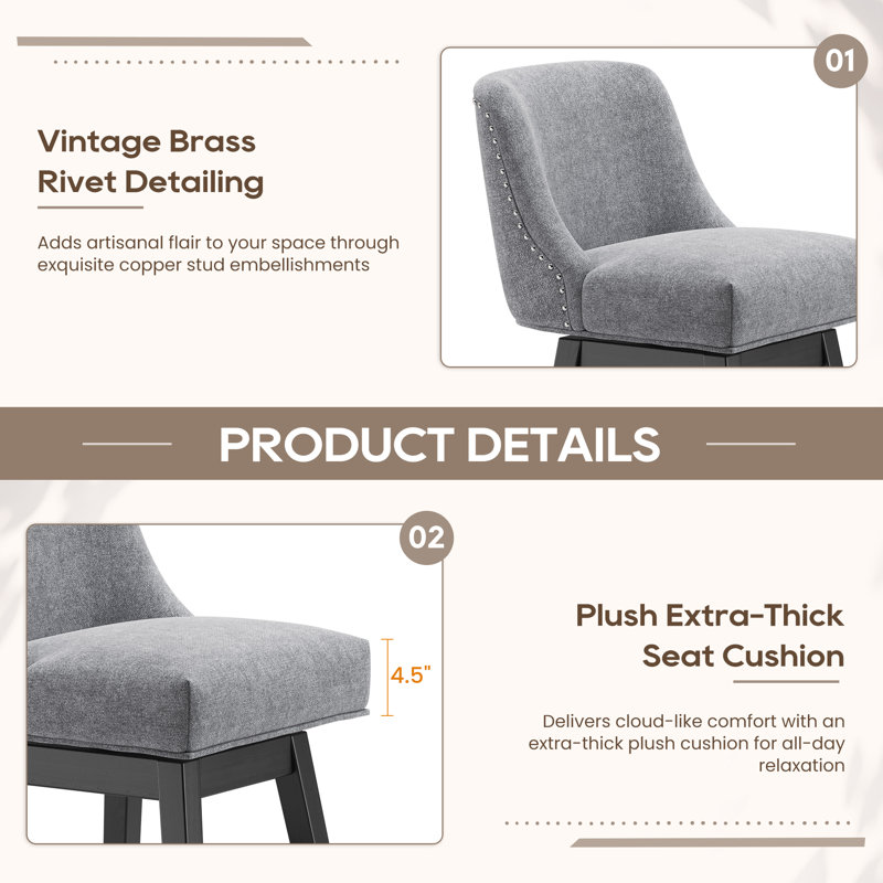 360°Bar Counter Stool with Solid Wood Frame, Light Gray