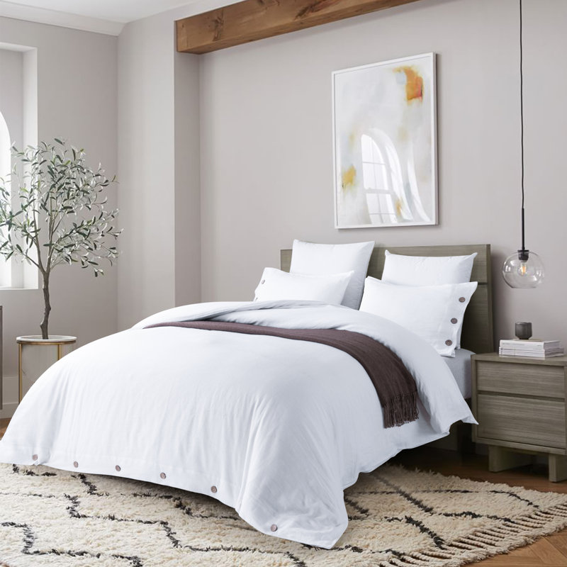 MeadowPark 100% French Linen Duvet Cover Set, Stone Washed Reversible Bedding 3 Piece Set, OEKO-TEX Certified, White