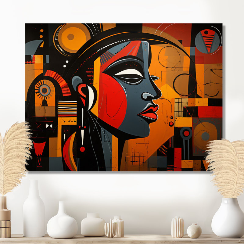 Portrait contemporain, collage géométrique - art mural africain, salon, Toile tendue, H 30 po x l 40 po x P 1,5 po