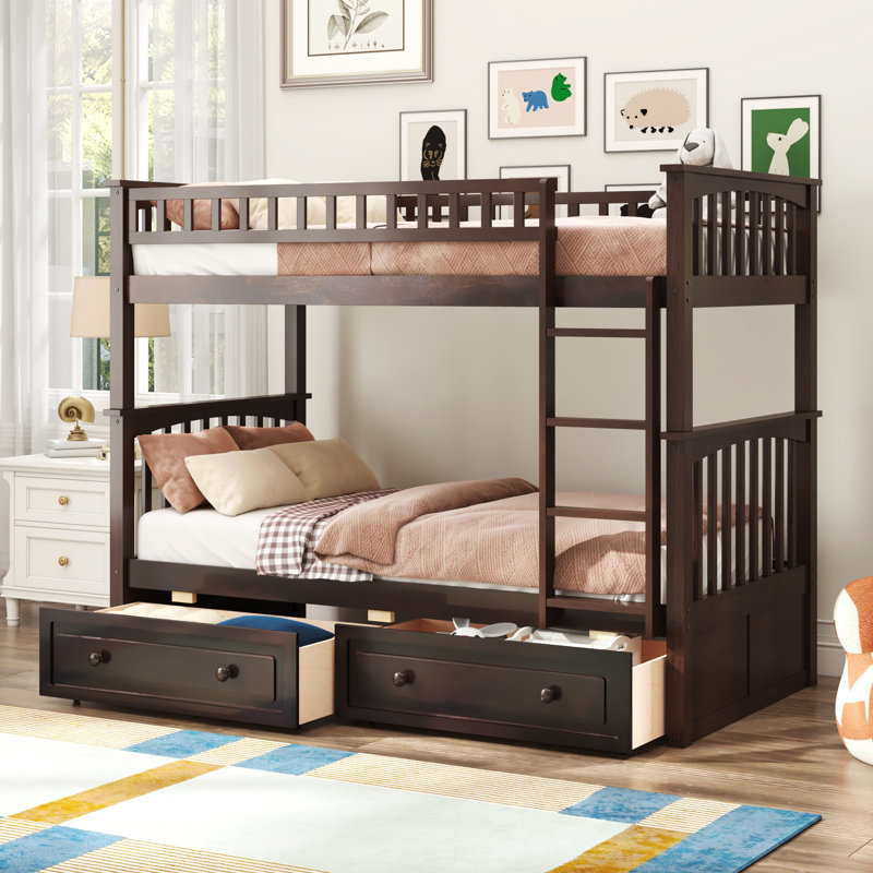 Sydnie Kids Twin Over Twin Bunk Bed with Drawers, Twin over Twin, Espresso