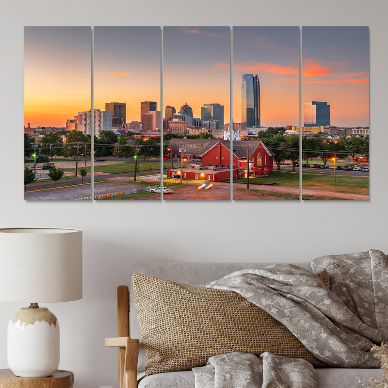 Oklahoma City Sunset - impression d'art sur toile Cityscapes - 5 panneaux égaux