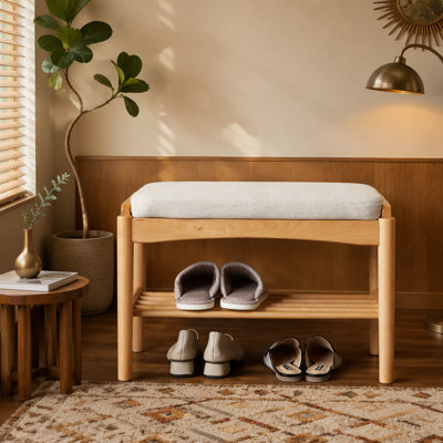 Banc à chaussures en bois massif naturel, banc de rangement moderne Mid-Century avec coussin éponge à rebond élevé pour hall d'entrée et espaces de vie