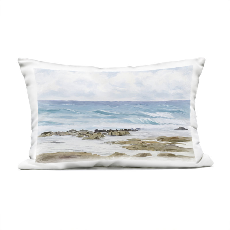Rocky Summer Shoreline Design by Ramona Murdock Outdoor Printed Pillow