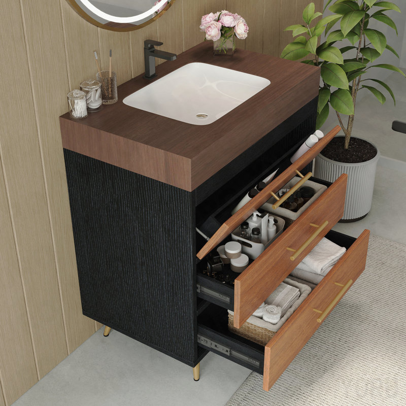 Meuble-lavabo autoportant moderne avec lavabo vasque en céramique et plateau en pierre frittée durable