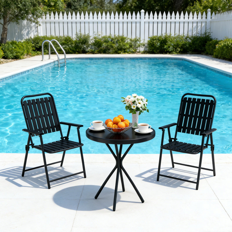 3-Piece Folding Bistro Set With Round Tempered Glass Table,2-Person Metal Outdoor Patio Dining Set, Black