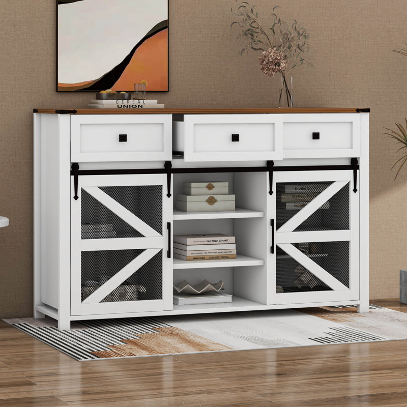 Buffet à portes coulissantes avec 3 tiroirs et tablettes réglables, Blanc