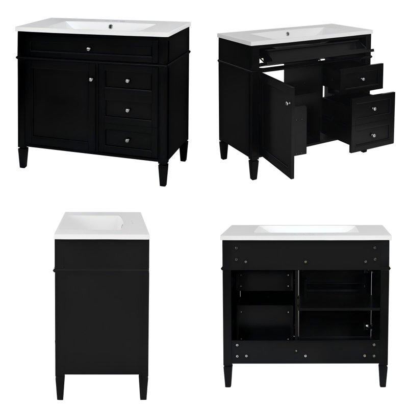 Ensemble de meuble-lavabo moderne 36 "avec lavabo, armoire de rangement ambre, tiroirs à fermeture douce et rangement, finition noire