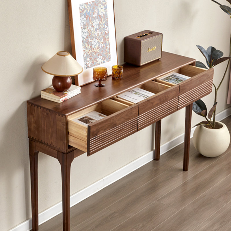 Console à trois tiroirs en bois massif brun cannelé, 39.37"W*12.6"D*35.43"H