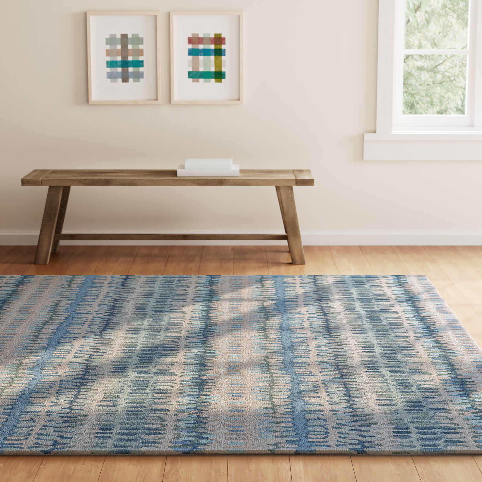 Paint Chip Indigo Denim Beige Abstract Wool Rug, Rectangle 7'6" x 9'6"