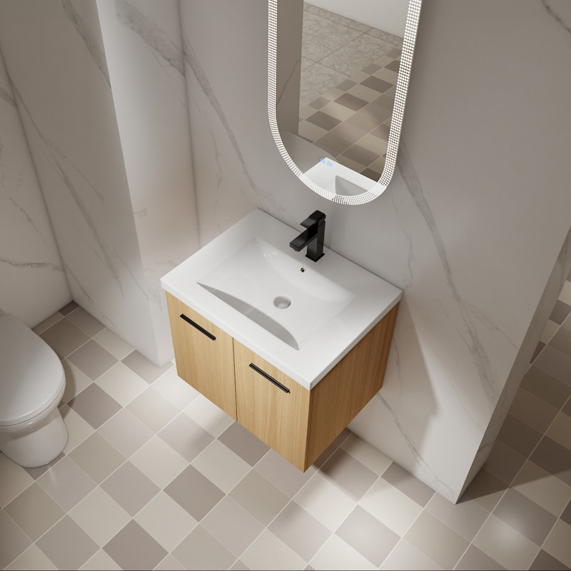 Meuble-lavabo mural 24 po, lavabo en résine, rangement à double porte
