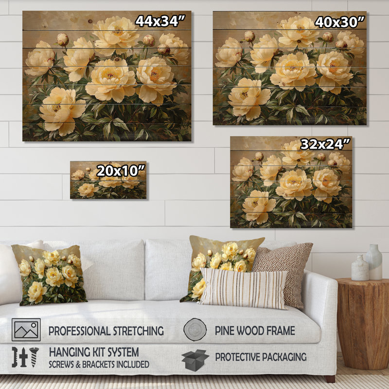 Summer Peonies In The Herb Garden III - Peonies Wood Wall Decor - On Natural Pine Wood, 34" H x 44" W x 0.78" D