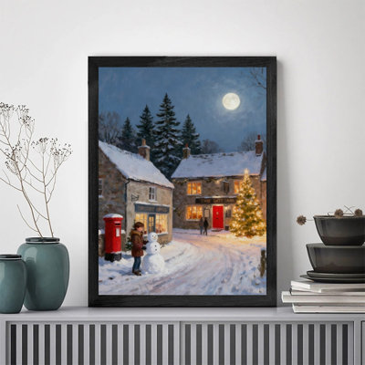Encadrement noir, village de Noël enchanteur, impression d'art rétro