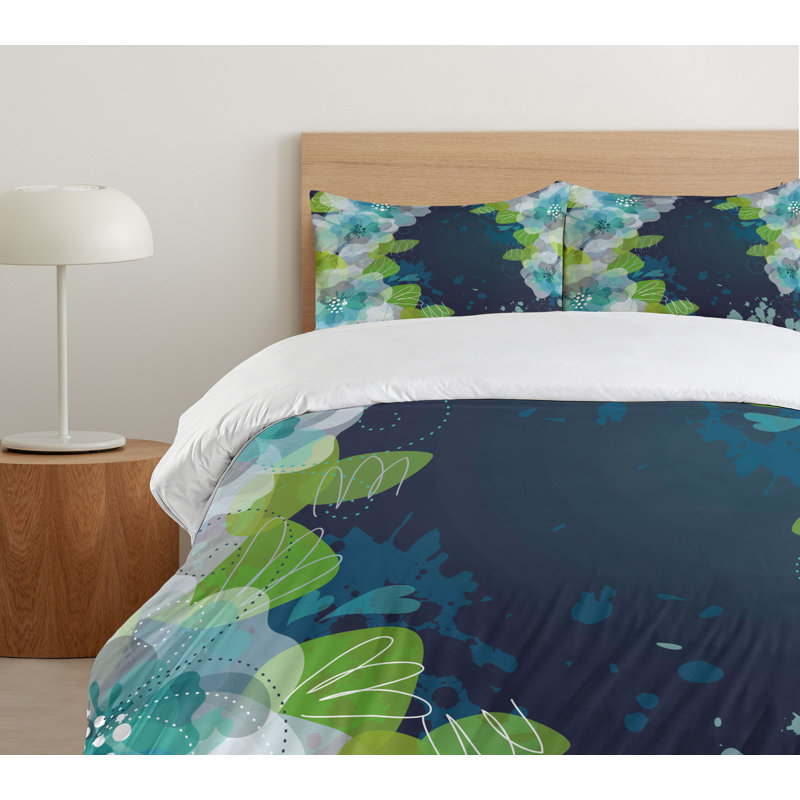 Ensemble de housse de couette de fleurs abstraites à fleurs avec feuilles grunge, Très grand