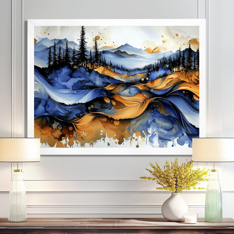 «Golden Aqua», art mural à l'encre liquide «Forest», H 34 po x l 44 po, Cadre simple, Blanc