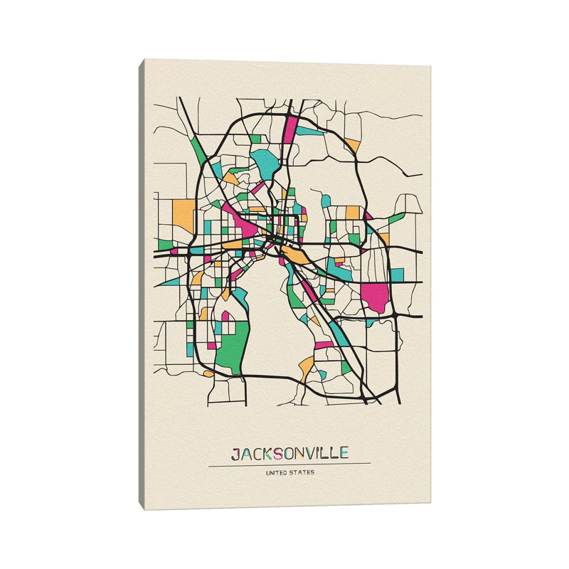 «Jacksonville, Florida Map» par Ayse Deniz Akerman - impression sur toile tendue, H 12 po x l 8 po x P 0,75 po