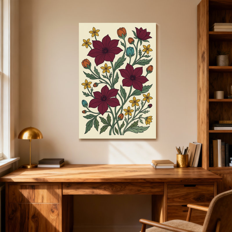 Motif floral de plantes et de fleurs avec des fleurs rouges et jaunes, H 18 po x l 12 po