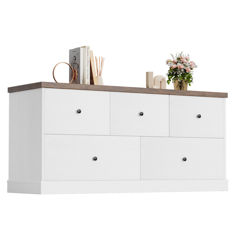 5 Drawer Double Dresser, Wide Wood Chest Of Drawers Storage Tower Storage for Living Room Bedroom, White