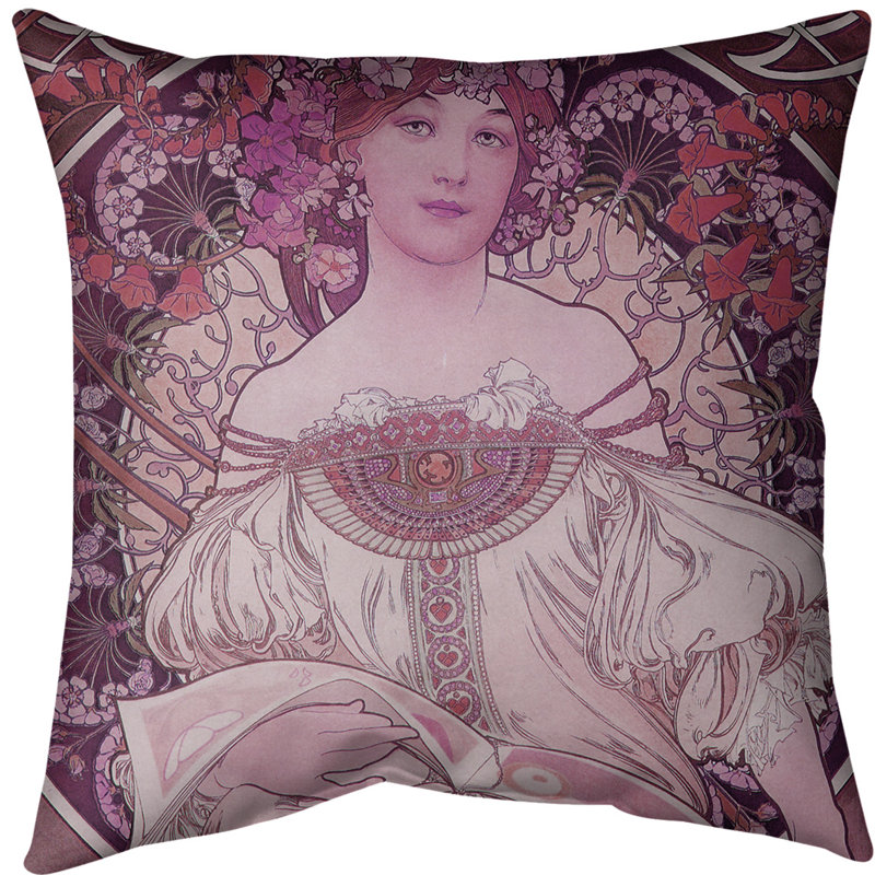 Housse de coussin Alphonse Mucha, 14 po x 14 po, Rouge, Polyester filé
