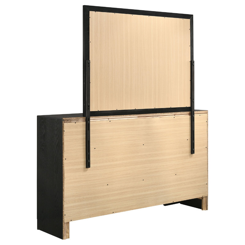 Vino Wide Dresser With Mirror, 7 Drawers, Modern Black, Chrome Accent, Black