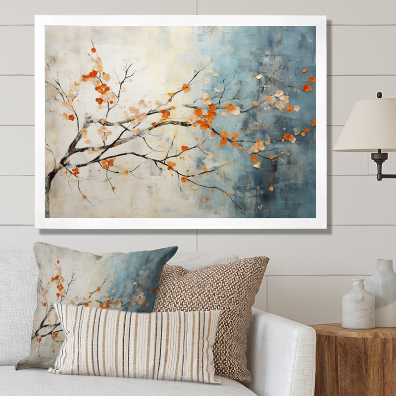 Orange Teal Maple Tree Glowing Embers V - Print, White Single Picture Framed, 16" H x 32" W x 1" D