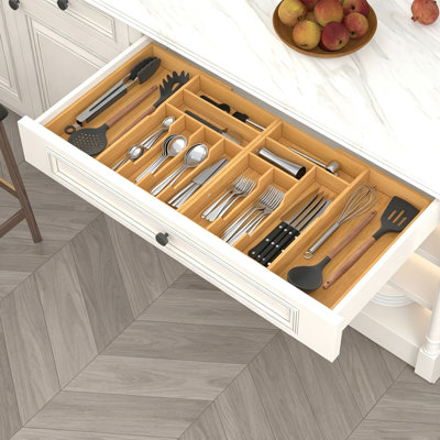 Large Expandable Bamboo Cutlery Utensil Holder for Forks Knives and Spoons Natural