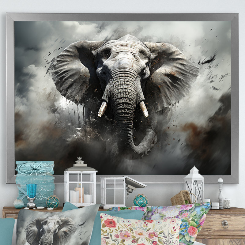 «Elephant Symphony Stampede I» sur toile, Cadre simple argenté, H 24 po x l 32 po x P 1 po