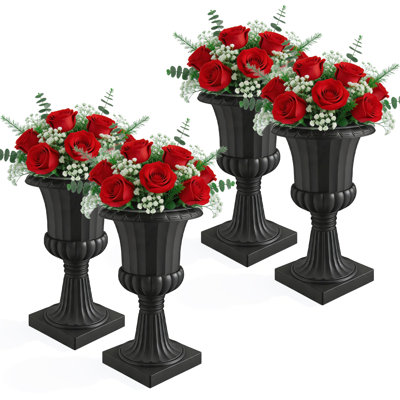 4 Pcs Classic Urn Planter, 19.7 Inch Tall Large Plastic Outdoor Urns Planters, Pedestal Flower Vases Plant Pot, Resin Grecian Plants Pots For Garden Porch Front Door, Black