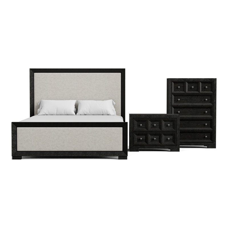 Ensemble de chambre à coucher 3 pièces Schell, Noir, 3 Pcs: Bed, Nightstand, Chest, Grand lit