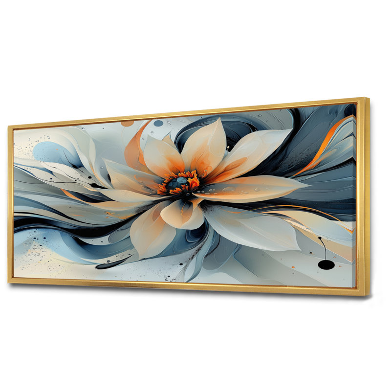 Jacaury turquoise Dahlia fleurs en couches I - art mural Dahlia pour le salon, H 28 po x l 60 po, Floater Framed, Doré