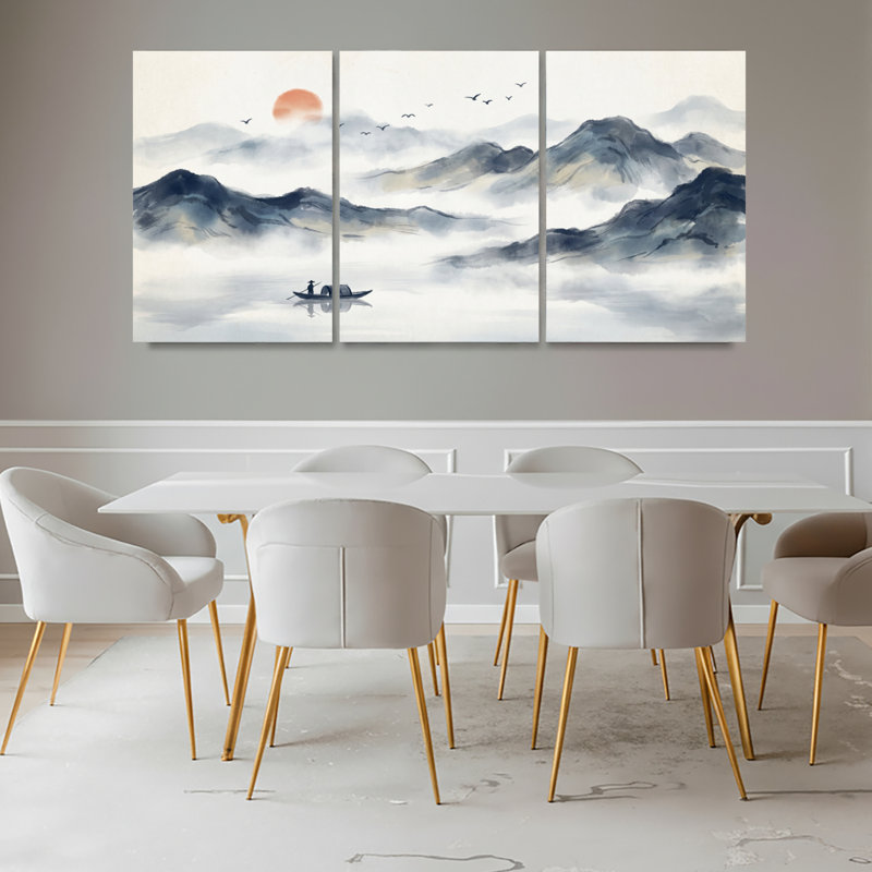 Ensemble de 3 tableaux sur toile tendue représentant un paysage chinois de montagne et de lac au coucher du soleil