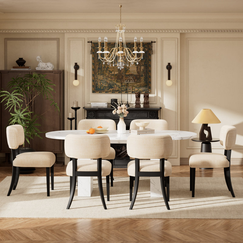 Ensemble de table de salle à manger ovale avec plateau en bois aggloméré 62,9 po et 4 à 6 chaises rembourrées en tissu pour la salle à manger de cuisine