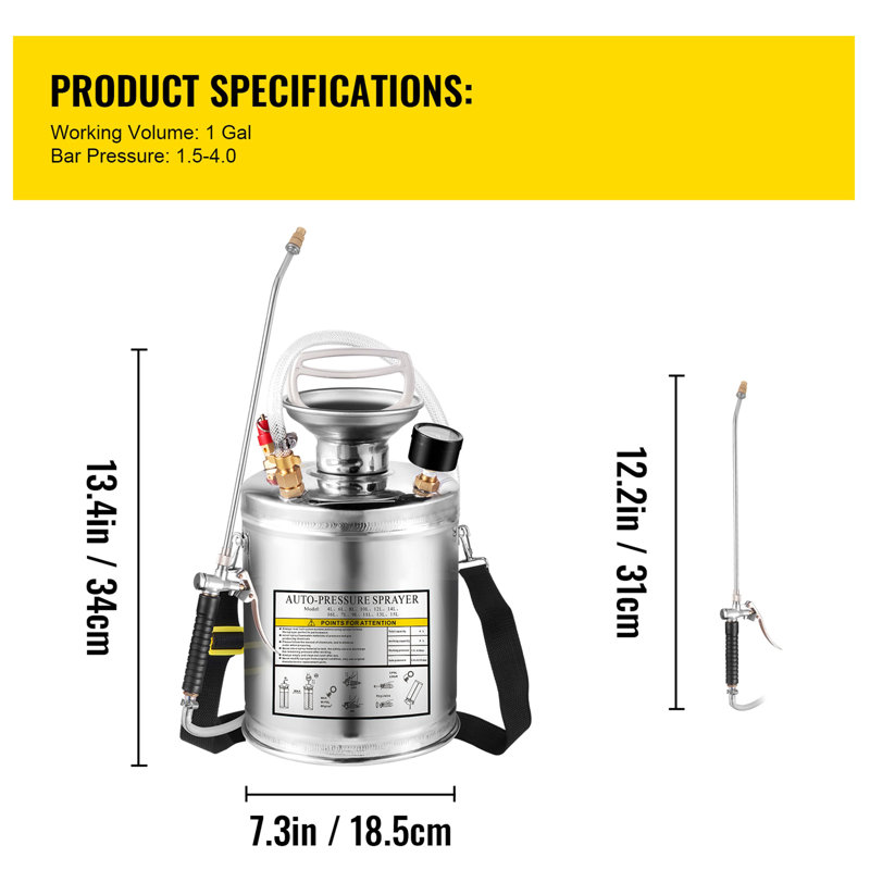 Acier inoxydable 1Gal, ensemble avec baguette et poignée de 12 po et tuyau renforcé de 3 pi, pulvérisateur à pompe manuelle avec manomètre et soupape de sécurité, buse réglable adaptée au jardinage et à la désinfection, argent