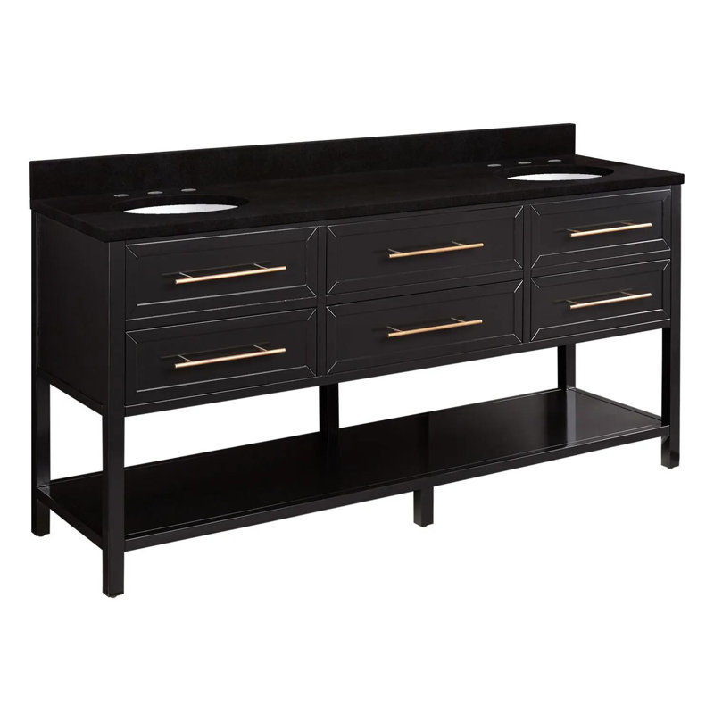 72" Robertson Double Bathroom Vanity Set with Oval Undermount Sinks, Black, Arctic White Quartz, 8" Widespread