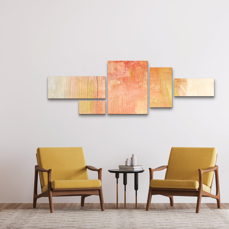 Ensemble de 5 panneaux muraux - Mila Apperlo «Orange 789», art mural sur toile pour le salon, la chambre à coucher ou le bureau 
