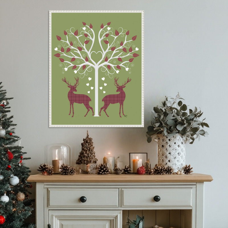Christmas Des Deer and Heart Tree Pink On Green by Fab Funky Framed Canvas Wall Art Print